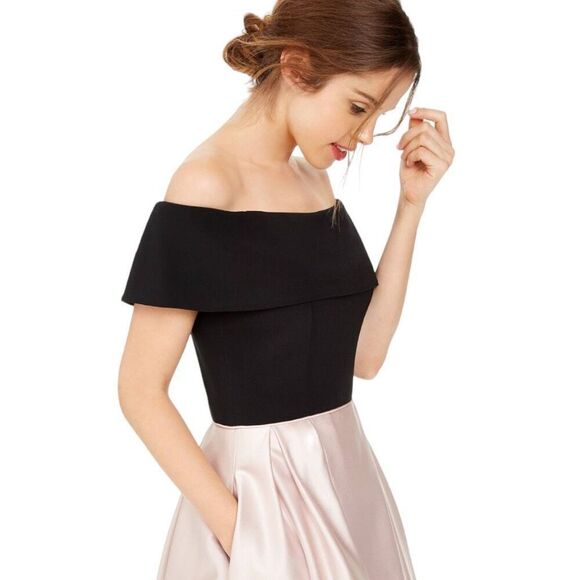 BETSY & ADAM NWT Off-The-Shoulder Fit & Flare Dress Pink/Black Size 12 - Picture 2 of 11